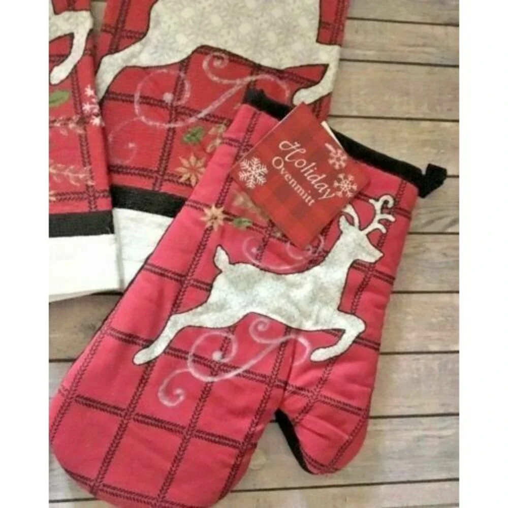 Christmas Reindeer Red Kitchen Dish Towels Potholder Oven Mitt Plaid Set of 4